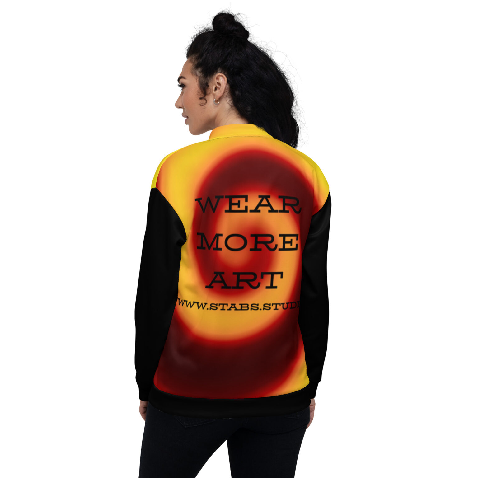 "Wear More Art" yellow and red spiral Unisex Bomber Jacket - Image 3