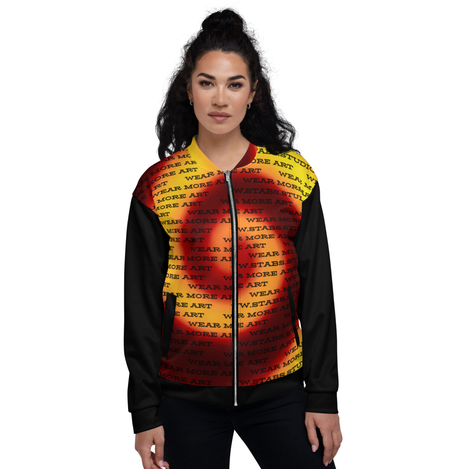 "Wear More Art" yellow and red spiral Unisex Bomber Jacket - Image 2