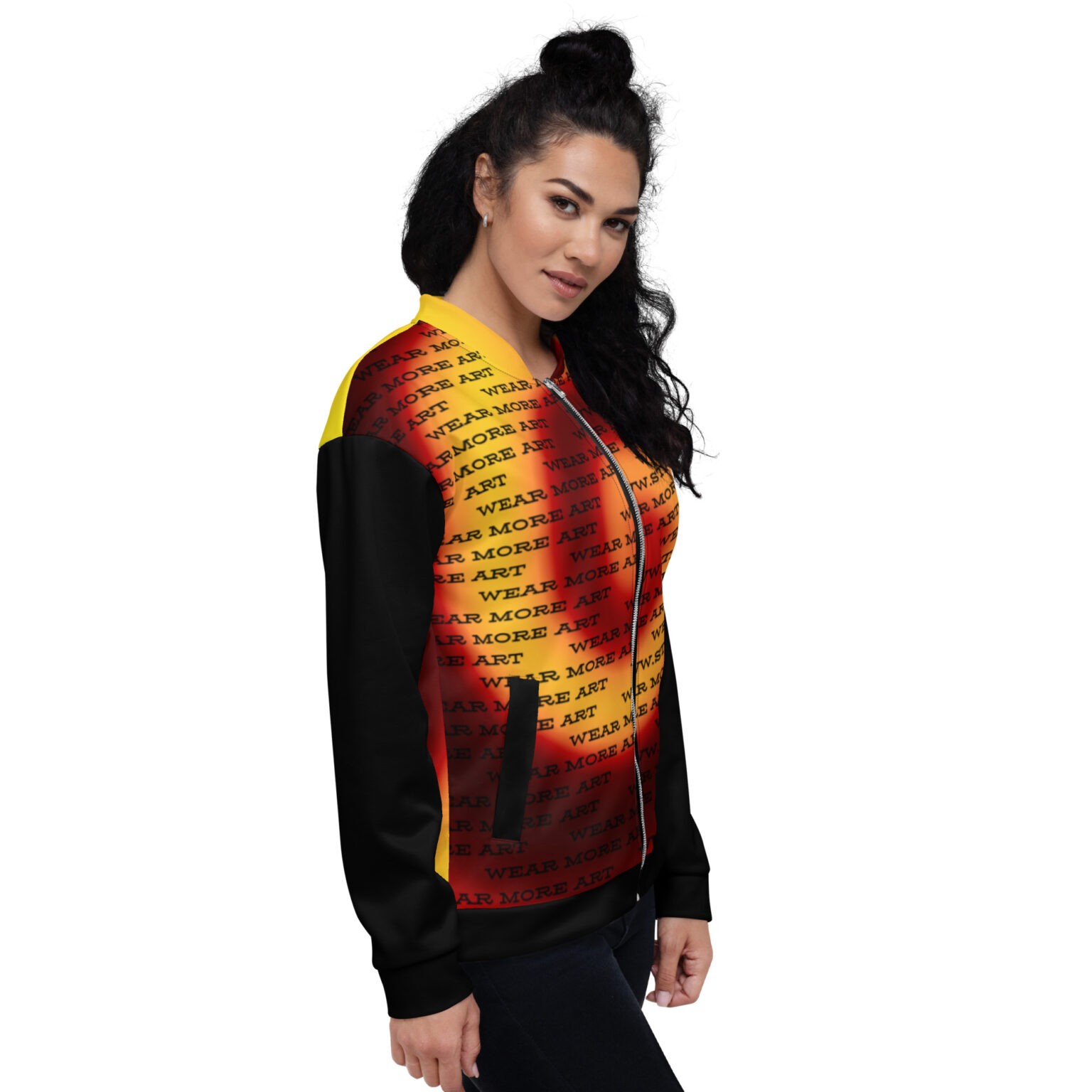 "Wear More Art" yellow and red spiral Unisex Bomber Jacket - Image 4