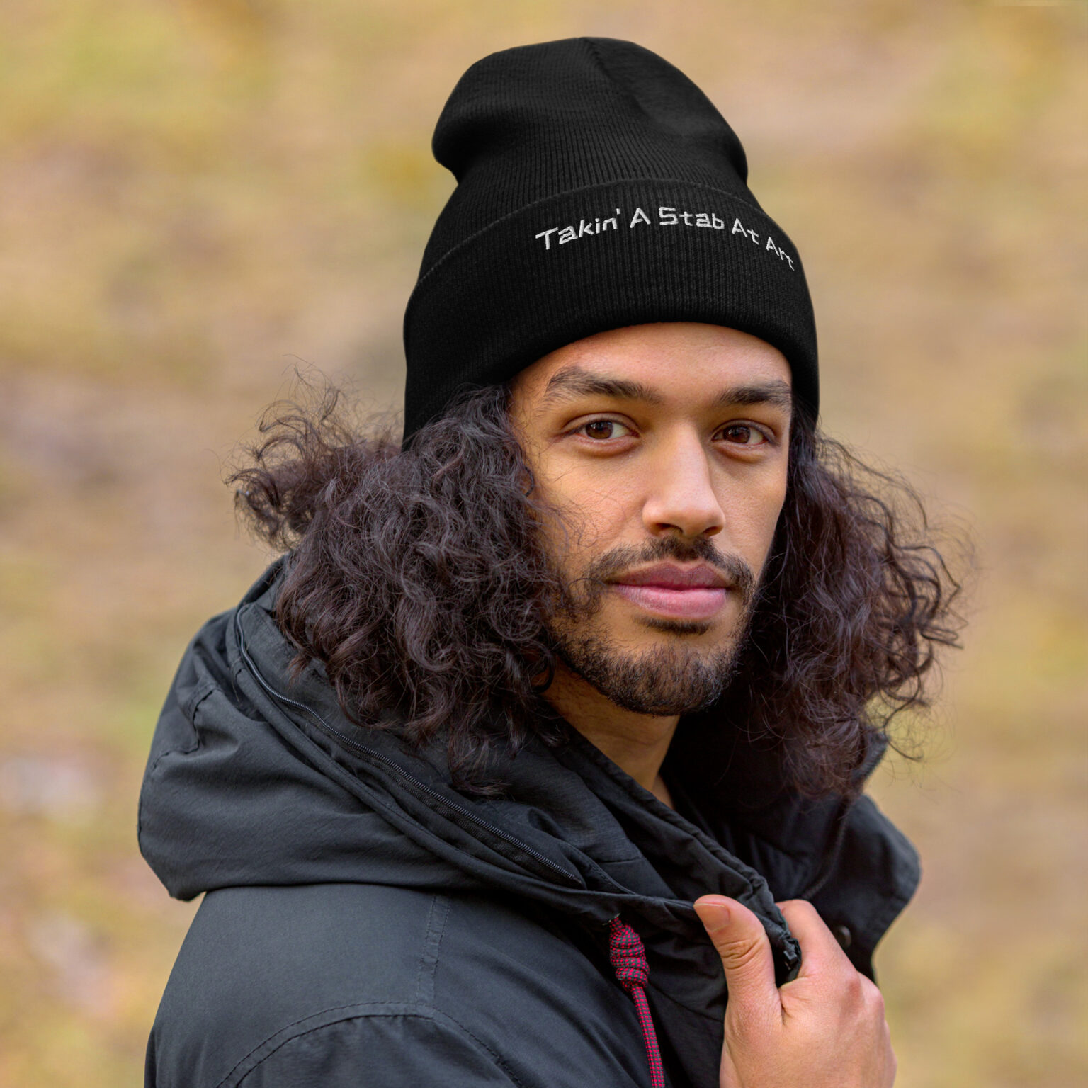 "Takin' A Stab At Art" Cuffed Beanie (white embroidery) - Image 2