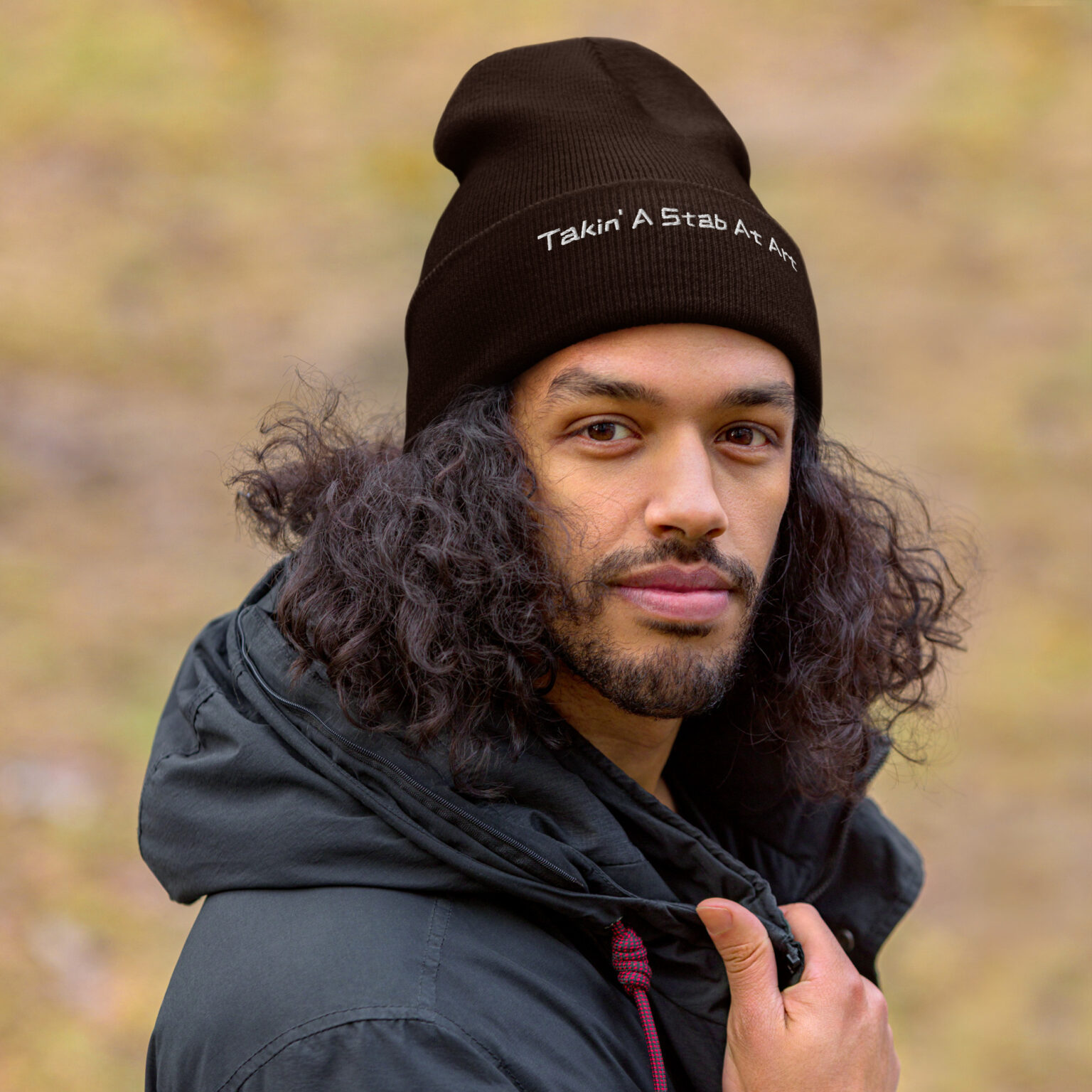 "Takin' A Stab At Art" Cuffed Beanie (white embroidery) - Image 3