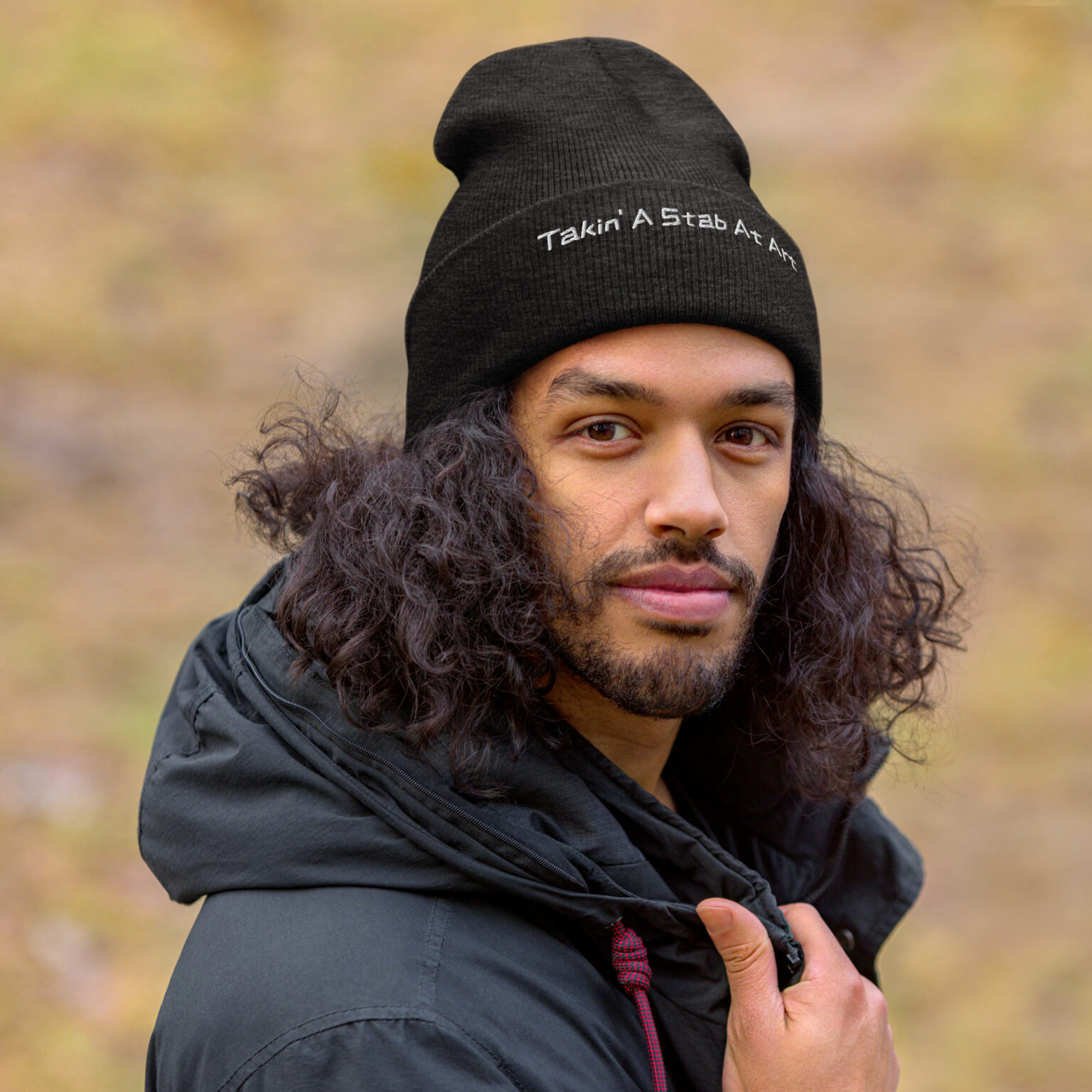 "Takin' A Stab At Art" Cuffed Beanie (white embroidery) - Image 5