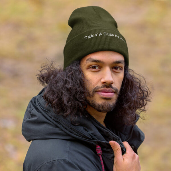 "Takin' A Stab At Art" Cuffed Beanie (white embroidery)