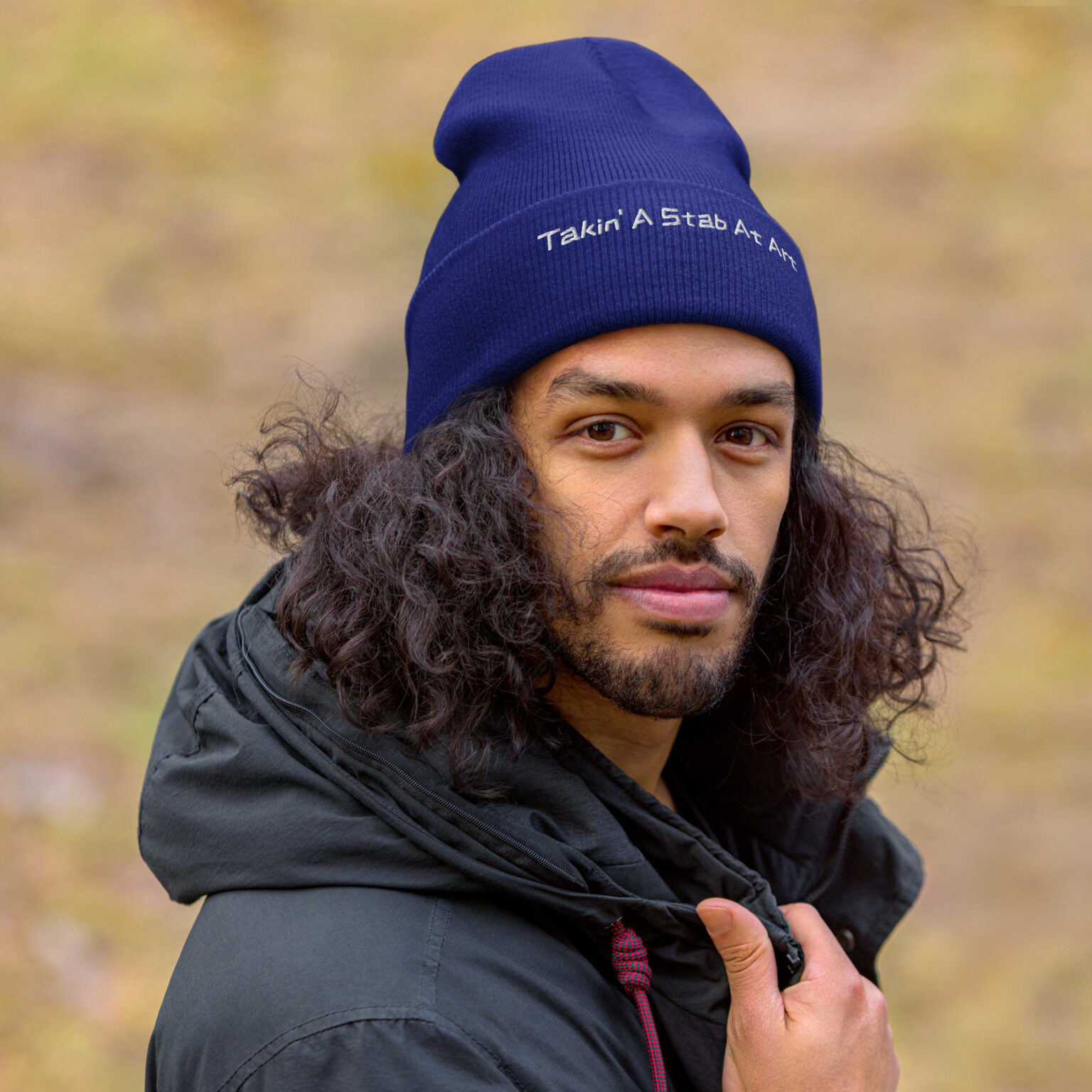 "Takin' A Stab At Art" Cuffed Beanie (white embroidery) - Image 6
