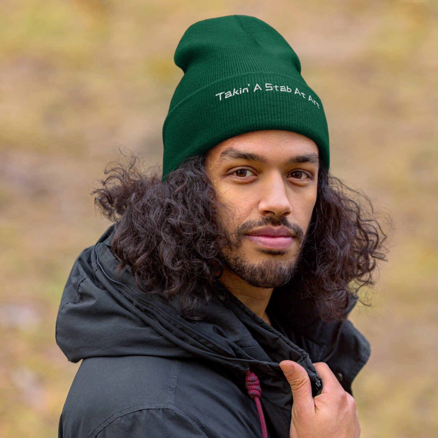 "Takin' A Stab At Art" Cuffed Beanie (white embroidery) - Image 7